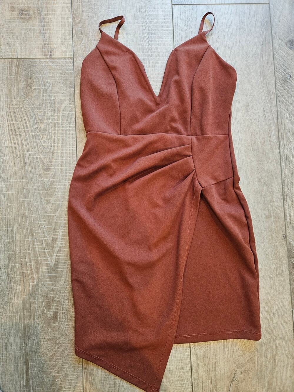 Rust Brown Asymmetrical Wrap Mini Dress Ruched Cocktail Party Bodycon Size M